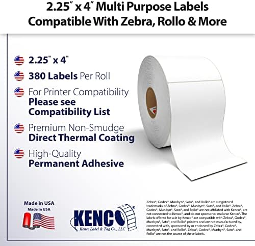 800522-405 KENCO® Brand compatível 2,25 polegadas x 4 polegadas com rótulos térmicos diretos Perf para ajustar as impressoras Eltron ou Zebra. 1 pol. Núcleo, 380 rótulos por rolo, 12 rolos por caixa
