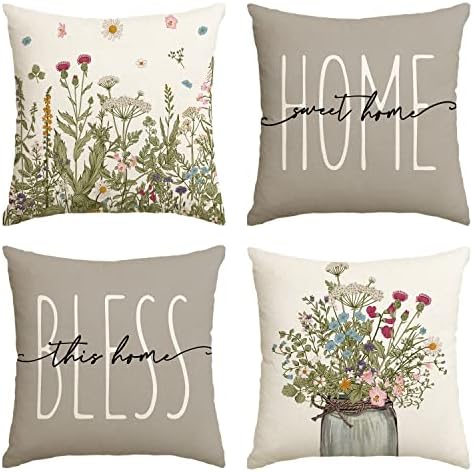 Avoin ColorLife Home Sweet Home Wildflowers Crey Throw Pillow Capas, decorações sazonais de 18x18 polegadas na primavera para o conjunto de 4