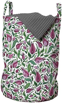 Bolsa de lavanderia de tulipa lunarable, rodopia de flores de tulipa natural e folhas de folhas de arte abstrata, cesta de cesto com alças fechamento de cordão para lavanderias, 13 x 19, magenta escura e verde