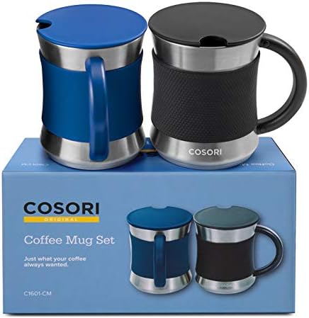 Caneca de café Cosori com tampas conjunto de 2, xícaras de aço inoxidável com alça resistente ao calor e manga resistente