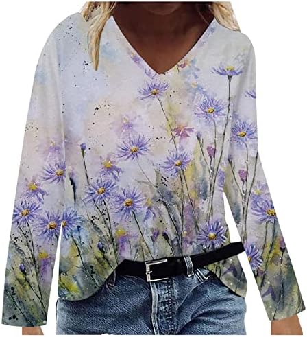 Blusa para mulheres de manga comprida Vintura de pescoço profundo V Pintura de girassol Daisy Floral Tops Tees Teen Girl 2023 Ze