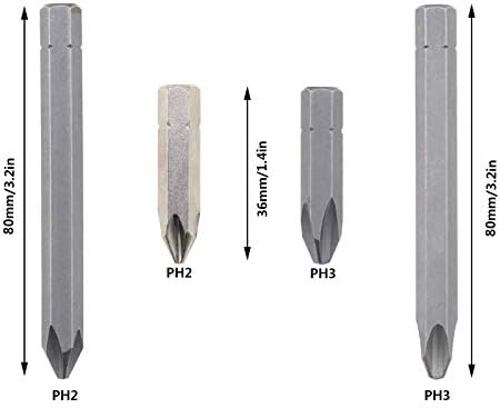 Conjunto de bits de fenda de impacto de 4pcs, aço de grau S2 ph2 ph3 36 e 80mm Comprimento - 5/16 HEXHANK