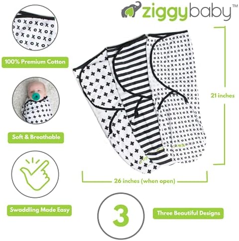 Ziggy Baby Ajusta Baby Swaddles 0-3 meses - Conjunto de envoltórios infantis com cobertor 3 pacote - algodão macio preto e branco