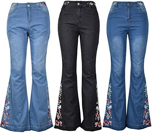 Jeans de fundo de sino bordados femininos levantando jeans de jeans lavados de jeans largos calças jeans de perna larga