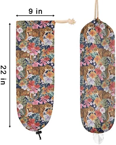 Tiger Floral Plastic Bag Solder Suporte de sacos de compras com ajuste Casa -de -força Roupa reutilizável Montar lixo de lixo Distribuidor de saco de lixo para viagens em casa de cozinha, 22 x 9 em