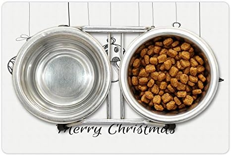 Ambsosonne Christmas Pet Tapete Para comida e água, ornamentos clássicos desenhados à mão, pendurados em texto de celebração, retângulo de borracha sem deslizamento para cães e gatos, branco preto branco