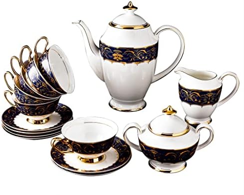 Genigw European 15pcs Bone China Design Conjunto de chá de porcelana de porcelana de porcelana e chá da tarde de pires com design de linha de ouro