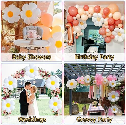 12 PCs Daisy Balloons, 3 tamanhos Balões de flores brancas para decorações de aniversário da margarida, chá de bebê, casamento,
