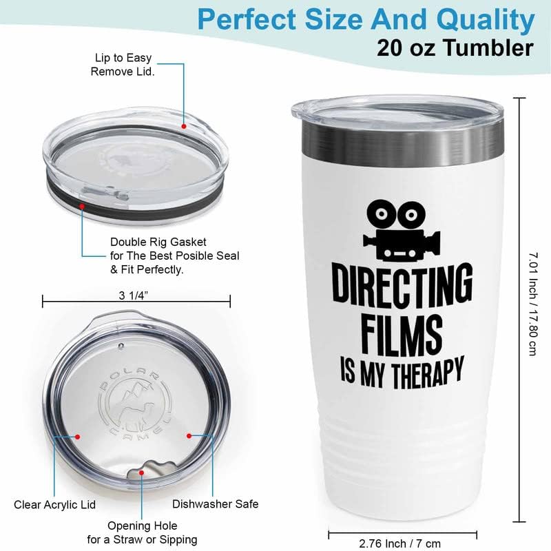 Cineasta White Tumbler 20oz - Direcionando filmes é terapia - cineasta Presentes Lens de câmera Corte Diretor de filme ScriptWriter