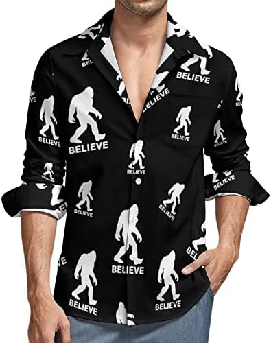 Baikutouan bigfoot sasquatch acredita que a camisa de botão masculina de manga longa de manga comprida Tops casuais