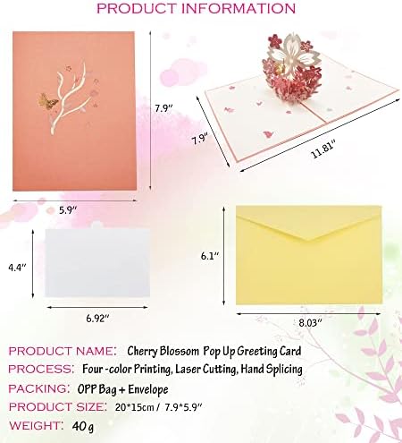 Borboletas e flores Pop -up Card, artesanato 3D Pink Cherry Blossoms Cartões de borboleta com cartão de anotações exclusivas para pensar em você, casamento, dia dos namorados, obrigado, só porque, aniversário, dia das mães, aniversário, todas as ocasiões