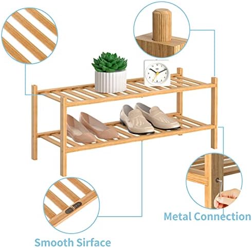 Rack de sapato de bambu natural de 2 camadas Rongjia - prateleira de armazenamento empilhável com combinações multifuncionais