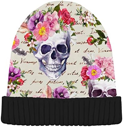 Alaza Skull Flowers Dia de Muertos Beanie para homens Homem de inverno Chaveiro reversível Capinho de malha multi