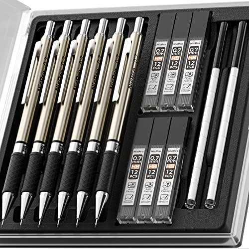 Lápis mecânicos de arte de 0,7 mm de 0,7 mm, lápis de elaboração de metal de 6 pcs 0,7 mm com reabastecimento de chumbo de 6 tubos e reabastecimento de borracha de capitões