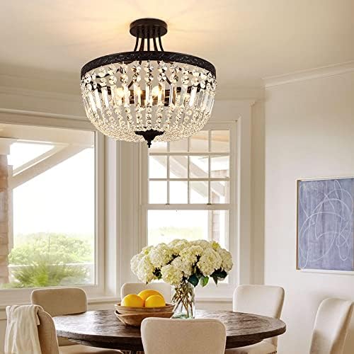 Luminária de teto de cristal moderno dengmall, lâmpada de teto redonda de montagem semi -rubida, lustre preto Luz de teto perfeita para a sala de jantar da sala de estar Entrada