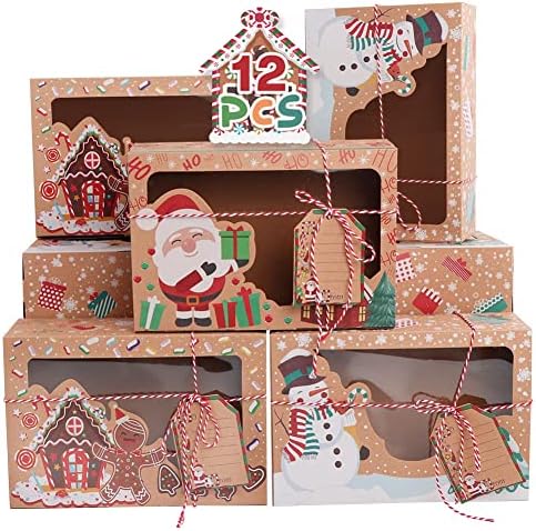 Aerwo 12 Pacote caixas de biscoitos de Natal com janela, grandes caixas de tratamento de panificação de férias com tags e fitas