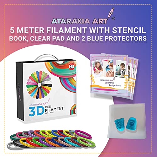ATARAXIA ART 3D Pen Filament Reabils, PLA 1,75 mm, 24 cores, cada um de 16,5 pés no total de 394 pés, com estêncil de