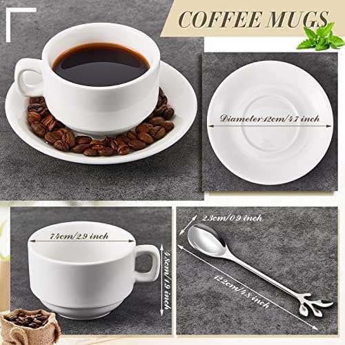 Copos de expresso de porcelana com pires e colheres conjunto de 12, 3,4 oz de xícara de café e pires de canecas de café expresso empilháveis