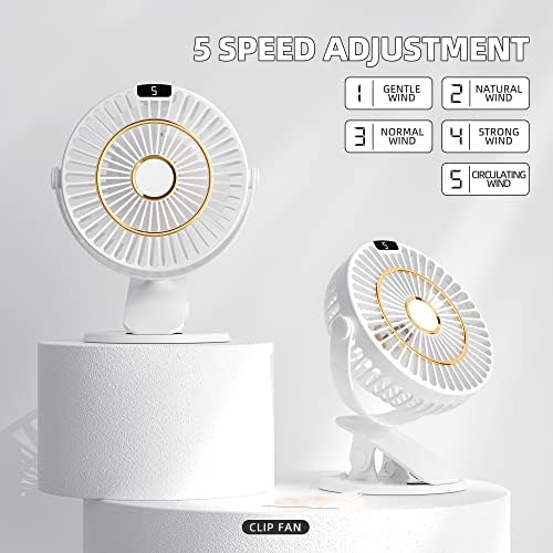 JuGreen Clip-on-fan recarregável Fan-Fan de mini-fã USB operado por bateria, 5 velocidades LED, 720 ° Rotatable Poader Table Fan,