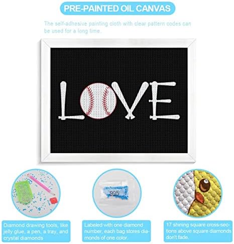 Love Baseball Kits de pintura de diamante de imagem Frame 5D DIY Drill Full Drill Rhinestone Arts Decoração de parede para adultos madeira branca 50 * 40cm