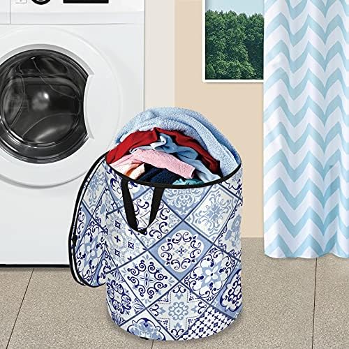 Mandala azul vintage cesto de roupa com lavanderia com tampa de cesta de armazenamento dobrável Bolsa de roupa dobrável para o quarto