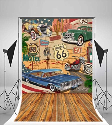 Afoto 5x7ft Vintage Rota 66 Centro para exibição de produtos quadrinhos retrô motel motor movinheiro pôster madeira