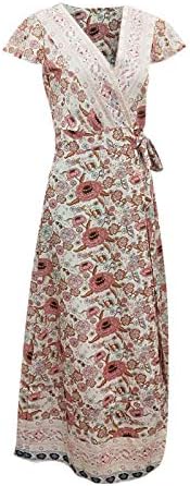 Vestidos maxi femininos moda estampa de flor dividida longa vestido longo casual manga curta v pesco