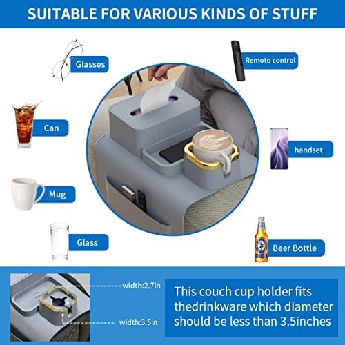 Couch Cup Titular, JRGKJCP Bandeja de apoio de braço de silicone com bolsos laterais, anti-derramamento e anti-deslizamento grande caddy de sofá com porta-copo, suporte para bebidas para o sofá, presentes de bandeja de braço para a família