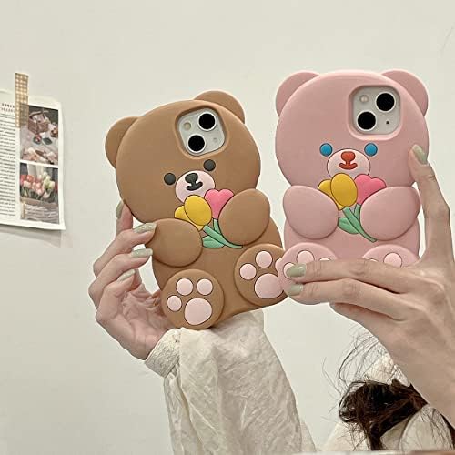 Casos de telefone Yakvook Kawaii para iPhone 13 Pro Max, capa de telefone de urso de desenho animado fofo com flores de
