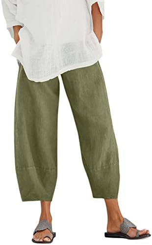 Calças de caminhada de Capri feminina Mulheres de algodão da cintura Cultura solta cor pura e calça harém linho