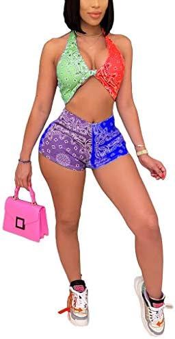 Oluolin feminino de duas peças shorts definidos com estampa floral sem mangas de costas Cami Crop Top e Bodycon Shorts