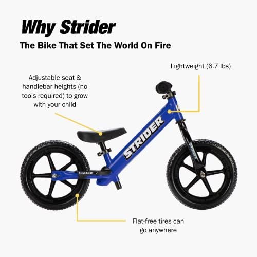 STRIDER - 12 Sport Kids Balance Bike, sem bicicleta de treinamento de pedal, estrutura leve, pneus sem planos, para crianças
