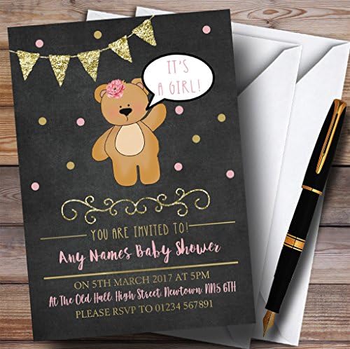 Chalk Gold Girls Teddy Bear convites convites do chá de bebê