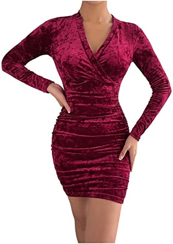 Vestidos de veludo de outono de Brkewi para mulheres vestido de manga comprida Bodycon vestido de cor de pescoço de