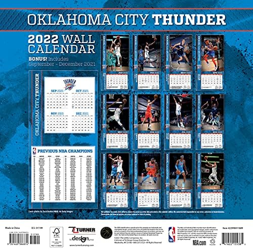 Turner Sports Oklahoma City Thunder 2022 12x12 Calendário de parede da equipe