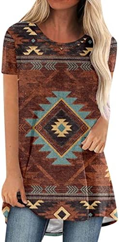 Camisa de trabalho feminino Mulheres curtas Mulheres casuais clássicas vintage aztec impressão longa no pescoço redondo de capa