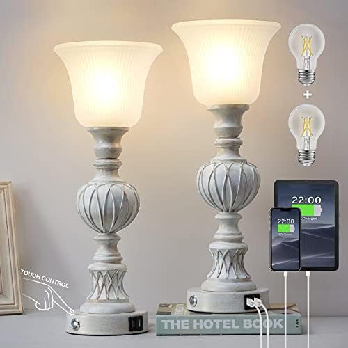 Luvkczc lâmpadas de toque para sala de estar conjunto de lâmpadas de 2, 3 vias com luminárias de vidro para o quarto da sala de estar da fazenda, resina rústica clássica luminárias de mesa brancas lavadas