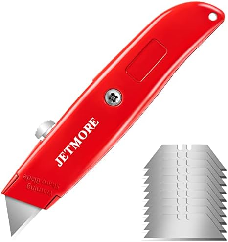 Jetmore Box Cutter Faca, cortador de caixas retrátil, faca de barbear para serviço pesado com lâminas extras de 10 sk5, abridor de caixa de cortadores de caixa preta, faca de caixa de corte de caixa de casca de alumínio