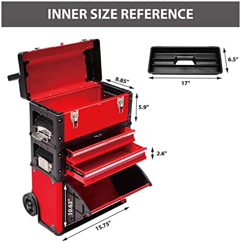Grande Red Packable Portable Metal Tool Box Organizador com rodas e 2 gavetas, baú de ferramentas rolando vertica