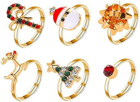 Anéis de dedo de Natal 6 PCs Anéis de Natal para mulheres anéis de férias para meninas chapéu de natal árvore Snowman Rings Set