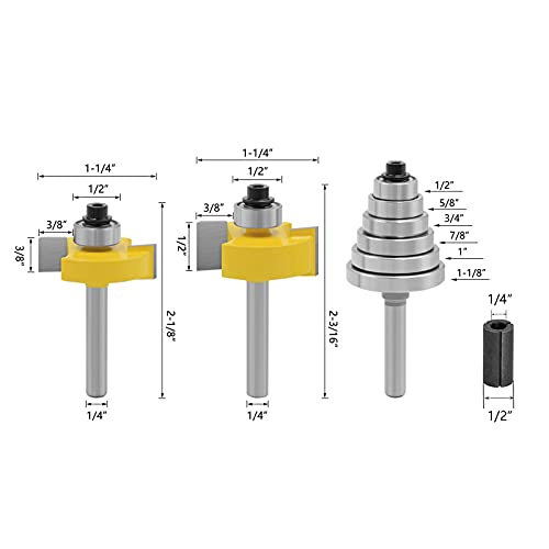 1/4 Bit de roteador de rabbet de haste, bit de roteador de rabbeting com ponta de carboneto com 6 rolamentos para múltiplas profundidades 3/8, 5/16 , 1/4, 3/16 , 1/8, 1/16 Rolamentos intercambiáveis ​​Ferramentas de madeira