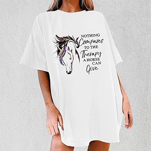 Camisetas femininas letra engraçada imprimir cavalo gráfico de manga curta túnica túnica de verão casual o pescoço blusa de ajuste