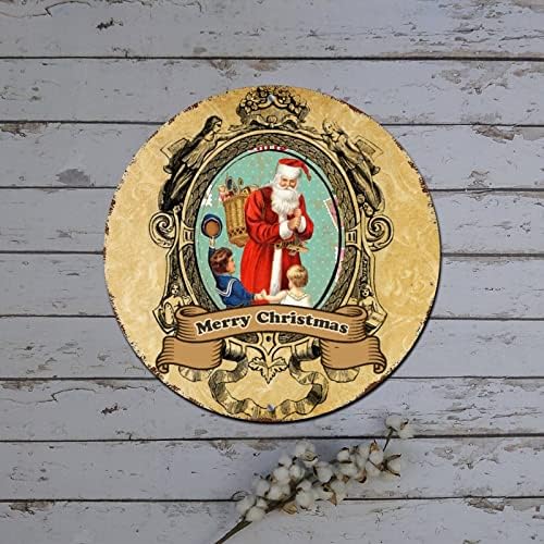 Feliz natal grinalda sinal vintage Papai Noel redondo redondo de lata de metal decoração de porta para natal Rustic Metal Wreath Sign