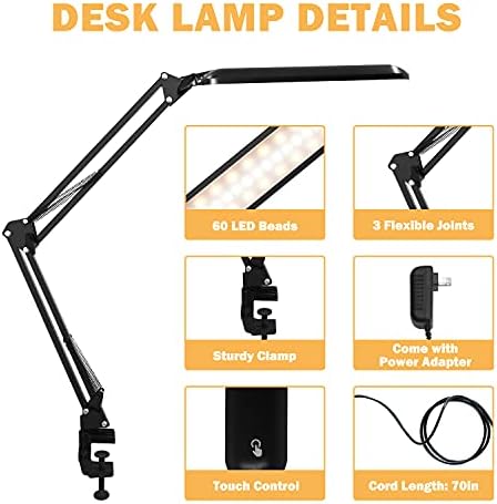 Lâmpada de mesa LED preta de Gsblunie, lâmpada de mesa de braço de balanço de metal ajustável com grampo, 3 modos coloridos escurecem