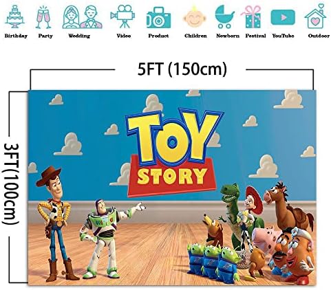 5x3ft Toy Story tema cenário Blue Sky White Clouds Feliz Aniversário Fotografia