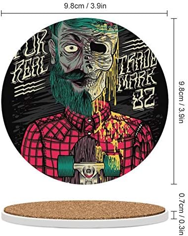 Coasters de cerâmica absorventes para bebidas 4 de diâmetro para casa com o design da arte de cor da cortiça de ilustrações de esqueleto Pattern Coasters Protecção contra anéis de bebidas, pacote de 6