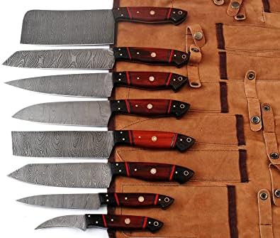 Gladiatorsguild G24rd- Facas profissionais de cozinha personalizada Damasco aço 8 PCs de faca de cozinha de utilidade profissional com faca de cozinha de helicóptero/cutelo