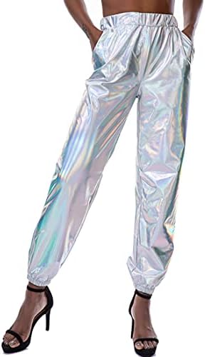 Fenyong Womens Shiny Metallic Pants, Disco Holográfico Sweatpant para o fantasia de Hallografi de cowgirl dos anos 80 dos anos 80