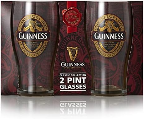 Guinness Stout Beer Glass Red Classic Collection Pack Twin Pack | Merchandise Pint Glasses Conjunto de 2 | Presentes irlandeses perfeitos para os amantes da cerveja