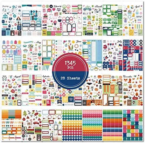 Adesivos estéticos do planejador 1345 adesivos, 28 folhas de recortes coloridos fofos adesivos para calendário, planejador, diário